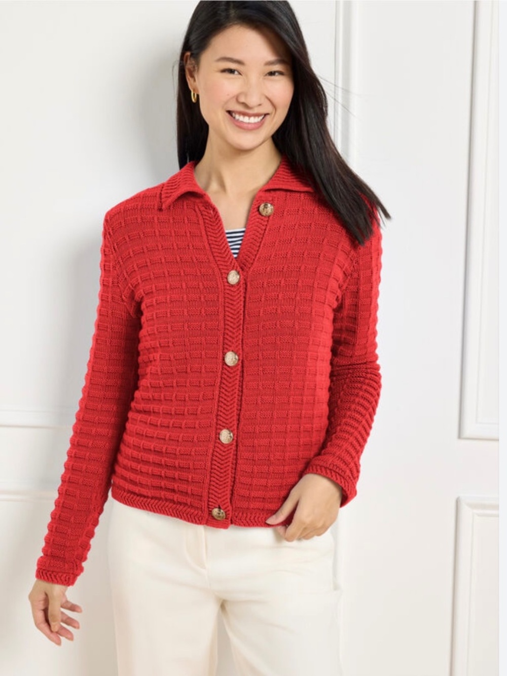 TALBOTS 100% Cotton Textured Knit Polo Button Front Long Sleeve Cardigan Sz XL